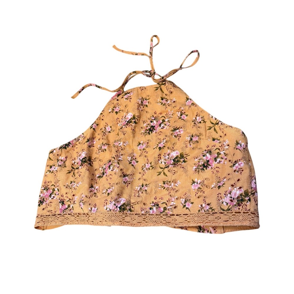 American Eagle Floral Halter Crop Top Mustard Yellow Cotton Linen Small S/P/CH